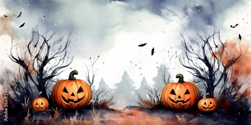 Obraz na plátně watercolor halloween background with spooky pumpkins, ai generated illustration