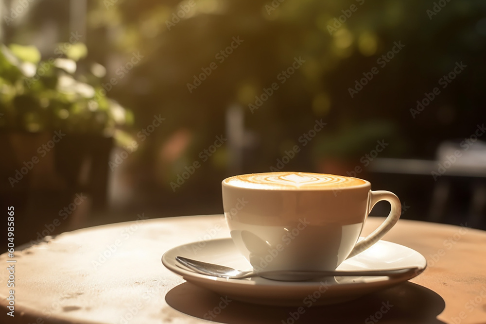 Obraz premium Cappuccino coffee close up in the making above wooden table. Generative AL