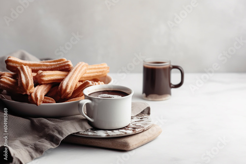 hot chocolate in a white mug with churros in a wooden tray. Generative AL