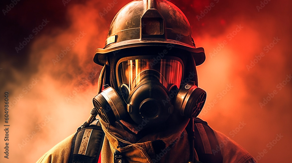 A firefighter in a gas mask against the background of a fire. Generative AI A firefighter in a gas mask against the background of a fire. Generative AI