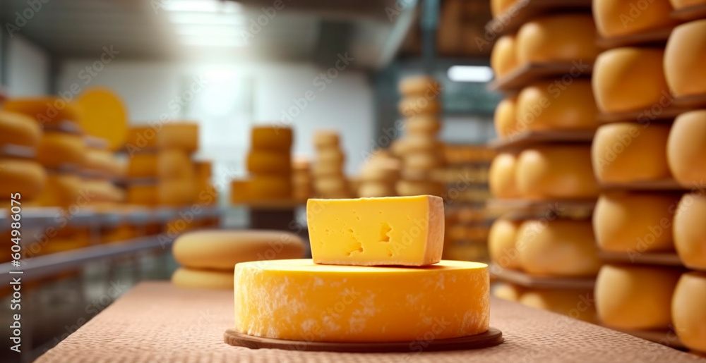 Cheese in a cheese factory. Generative AI.
