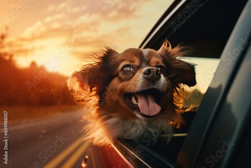 Happy dog driving in the car and looking through the window during golden hour © Tixel