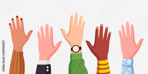 Multiethnic male and female hands raised up. Concept of international volunteer community. Modern flat style. Isolated on white background.