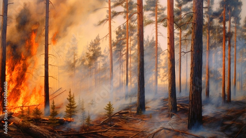 Fire in a pine forest. Generative AI