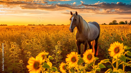 Beautiful horse on a sunflower field at sunset in summer. Generative AI.
