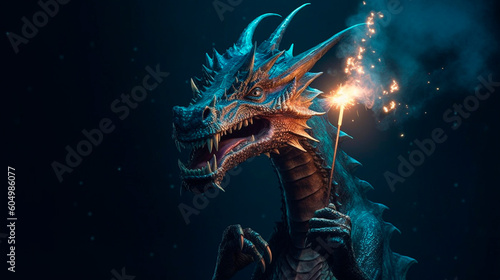 Dragon with sparkler on a dark background. New year concept. 3D visualization. Generative AI.