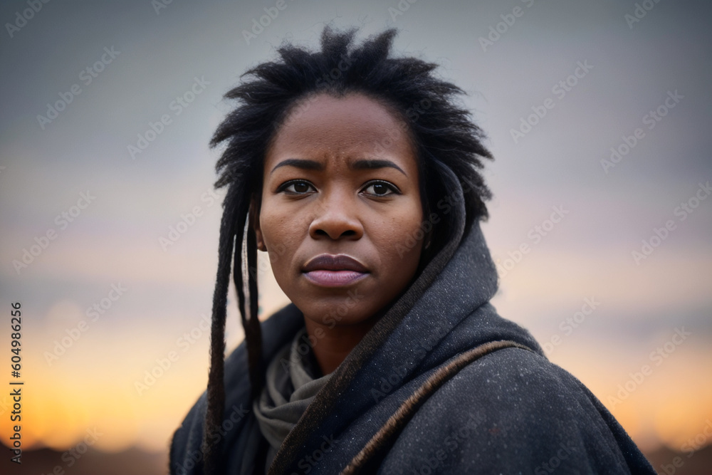 Digital portrait of a grim grizzled mature black woman dressed in combat clothing. Concept of active life. Generative AI Digital portrait of a grim grizzled mature black woman dressed in combat clothing. Concept of active life. Generative AI