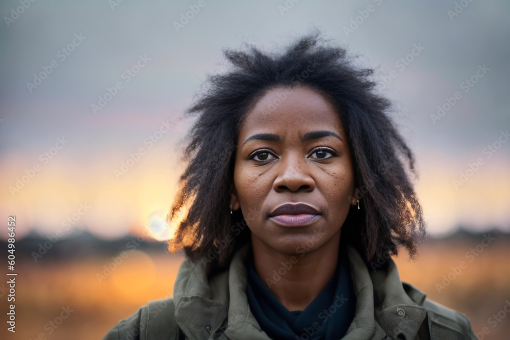 Digital portrait of a grim grizzled mature black woman dressed in combat clothing. Concept of active life. Generative AI Digital portrait of a grim grizzled mature black woman dressed in combat clothing. Concept of active life. Generative AI