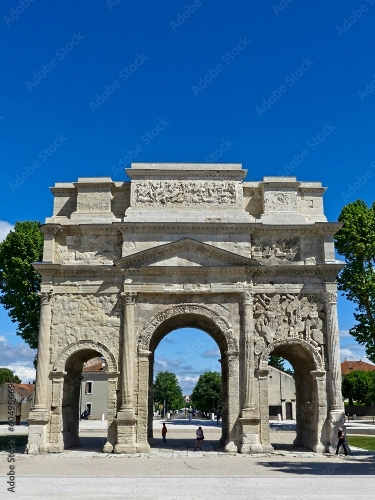 Orange, May 2023 : Visit the beautiful city of Orangeen Provence - Historical city with its arena and ancient theater - View on the triumphal arch