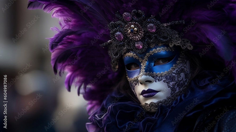 Vibrant carnival masks adorn the streets of Venice during a traditional festival, creating a kaleidoscope of colors. Generative AI