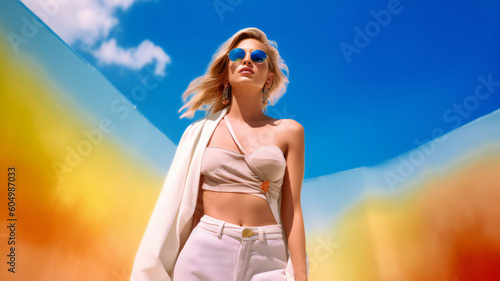 fashion woman colorful, the bold eclectic fashion styles of the Y2K era. dressed in the latest fashion trends of the time, including chunky shoes, low-rise pants, crop tops, and oversized sunglasses