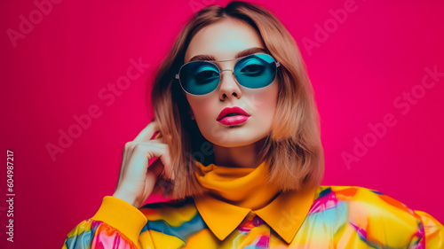 fashion woman colorful, the bold eclectic fashion styles of the Y2K era. dressed in the latest fashion trends of the time, including chunky shoes, low-rise pants, crop tops, and oversized sunglasses