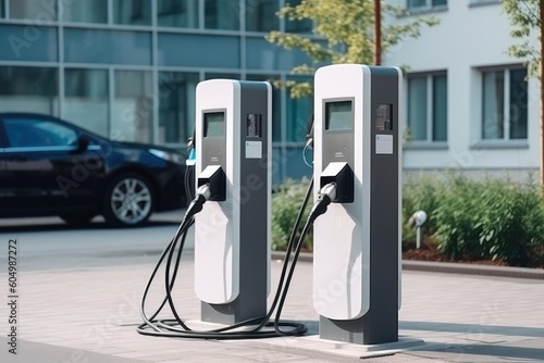 Electric vehicle charging station and power adapter in a parking lot