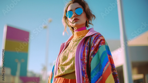 fashion woman colorful, the bold eclectic fashion styles of the Y2K era. dressed in the latest fashion trends of the time, including chunky shoes, low-rise pants, crop tops, and oversized sunglasses