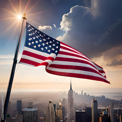 American flag in the wind with a city backdrop