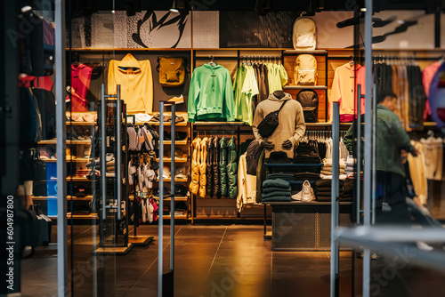 Darkened interior of sports retail store, clothes and shoes, accessories for active lifestyle, abstract background