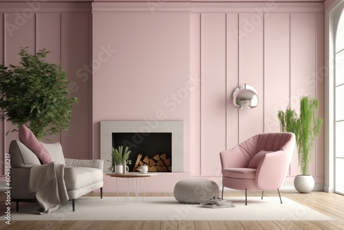 Stylish living room interior design, pink soft chair, plants and fireplace . AI Generated Generative AI © dark_blade