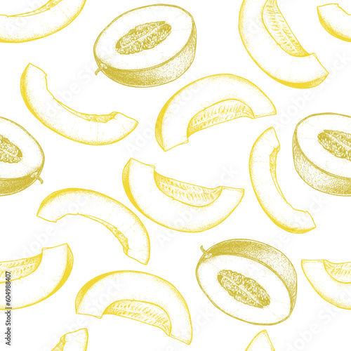 Seamless pattern with hand drawn melon. Sketch yellow melon slices. Tasty tropical fruit. Summer background. Vector illustration.