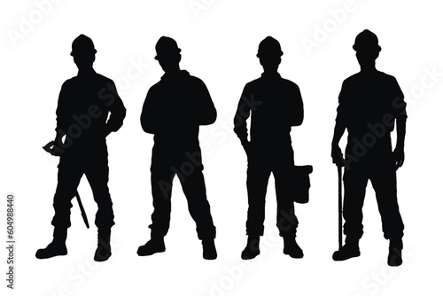 Male bricklayers wearing uniforms silhouette set vector on a white background. Mason standing in different positions silhouette collection. Bricklayers and construction workers with anonymous faces.