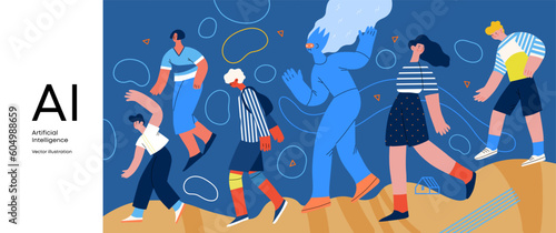 Artificial intelligence, AI and humanity -modern flat vector concept illustration of AI character walking among people in everyday life. Metaphor of AI advantage, benefit, friendliness concept