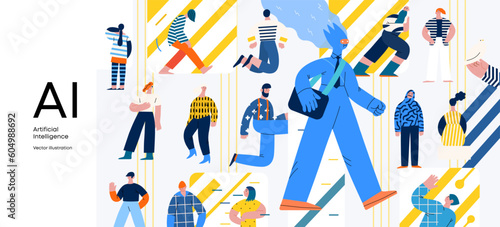 Artificial intelligence, AI and humanity -modern flat vector concept illustration of AI character walking among people in everyday life. Metaphor of AI advantage, benefit, friendliness concept