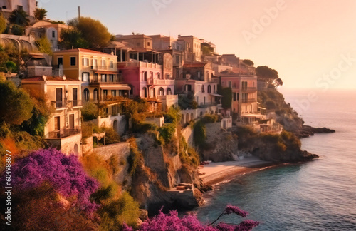 beautiful view of the ionian coast with houses on the edge