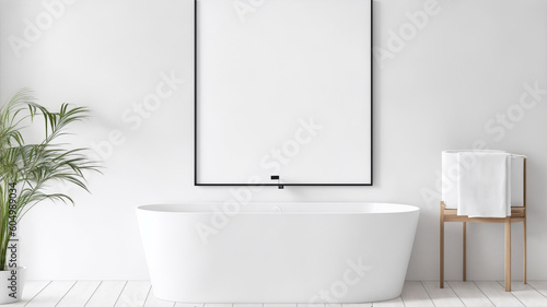 Blank horizontal poster frame mock up in minimal style bath room interior, modern bath room interior background, generative ai