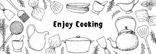 Kitchenware frame. Kitchen utensils sketch. Hand drawn vector illustration.