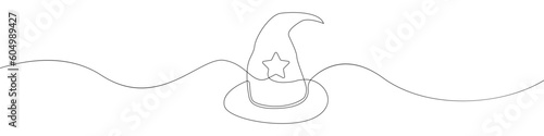 Wizard hat linear drawn continuous icon. Wizard hat black one line vector icon. Line design of wizard hat with star.