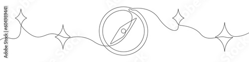Compass continuous drawn line icon. A black compass is drawn with a single line. Linear design compass with stars motion pointer vector. A device for the direction of movement.