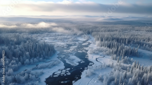 Winter's Embrace: An Enchanting Aerial Glimpse of Finland's Serene Forest. Generative AI © Sascha