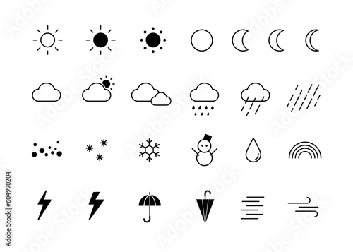 天気のアイコン Weather icons. Weather forecast icon set. Clouds logo. Weather , clouds, sunny day, moon, snowflakes, wind, sun day. Vector illustration.