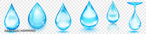 Set of realistic translucent water drops in light blue colors in various shapes with glares and shadows, isolated on transparent background. Transparency only in vector format