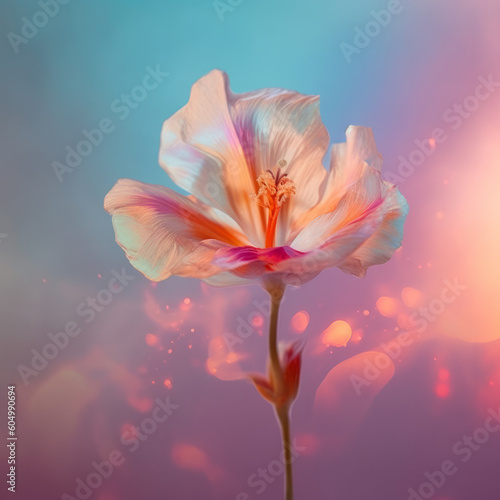 Beautiful blooming flower glowing and floating in illuminated synthwave pink and pastel blue light. Generative AI.