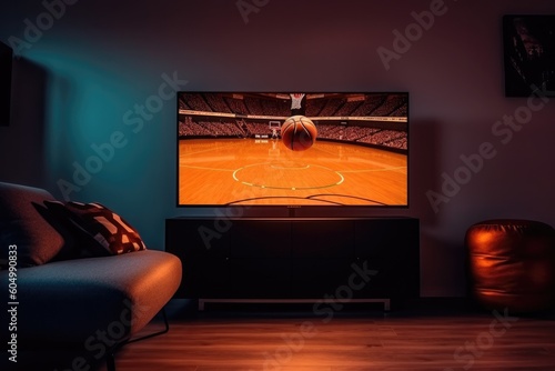 Stylish Loft Apartment Interior with basketball Game Playing on Flat Screen Television. Empty Living Room at Home With Broadcast of basketball game