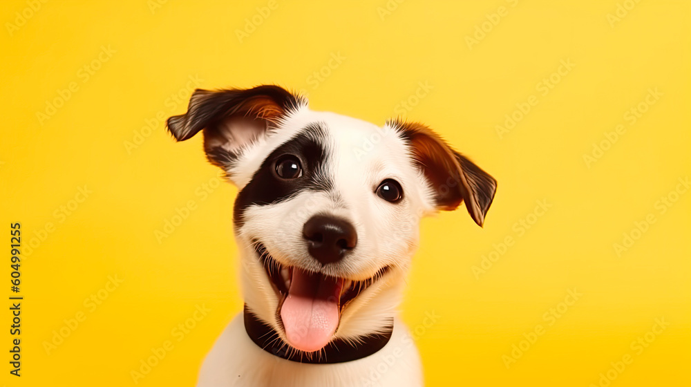 Happy puppy dog smiling on isolated yellow background. Generative AI