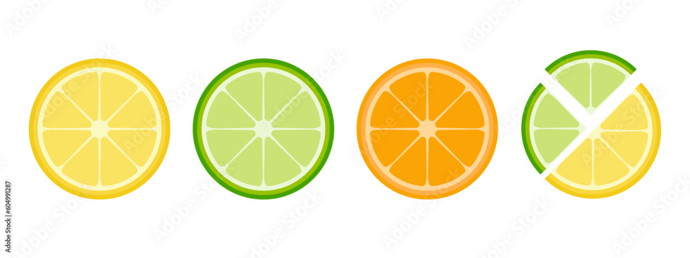 Set of fresh citrus fruits lime, lemon, orange. Slice ripe tropical fruits. Vector illustration
