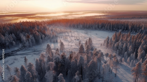 Frozen Splendor: A Breathtaking Aerial Perspective of a Sparse Winter Forest in Finland. Generative AI