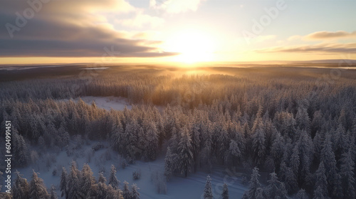 Winter Whispers  A Breathtaking Aerial Perspective of a Sparse Finnish Forest. Generative AI