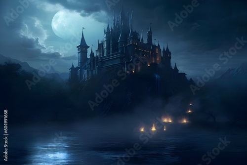 "Midnight Illumination: A Castle Bathed in Moonlight"aI