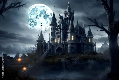 "Mystical Moonrise: The Castle's Nocturnal Glow"aI
