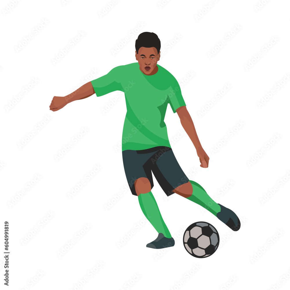 African football player black silhouette dribbling the ball on the field