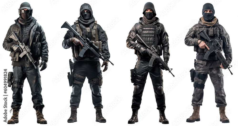 set image of black ops soldier with balaclava covered face and full equipment with rifle on transparent background. army, military people concept set image of black ops soldier with balaclava covered face and full equipment with rifle on transparent background. army, military people concept