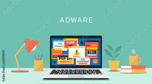 adware attack concept with alert notification of phishing advertisement on laptop screen, vector flat illustration