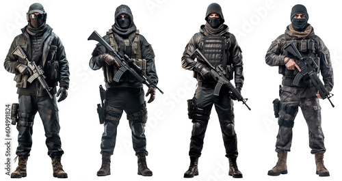 set image of black ops soldier with balaclava covered face and full equipment with rifle on transparent background. army, military people concept  photo