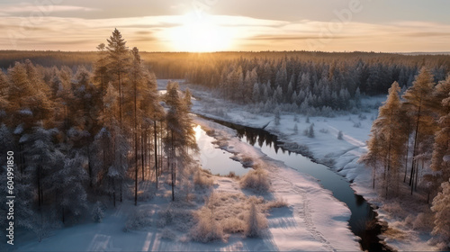 Winter's Embrace: Aerial Glimpse of a Tranquil Finnish Forest. Generative AI © Sascha