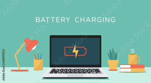 Laptop with battery charging icon on screen concept, vector flat illustration