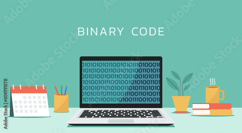 computer software with programming binary code on window laptop screen, vector flat illustration
