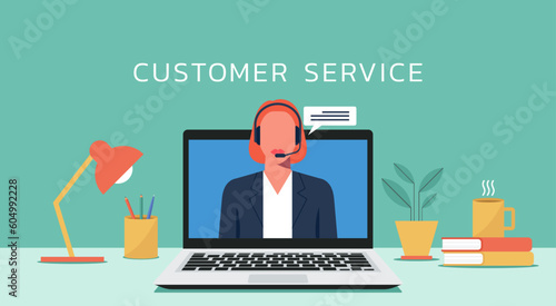 call center and customer service concept, hotline operators woman with headphones and microphone on laptop screen, online technical support, vector flat illustration
