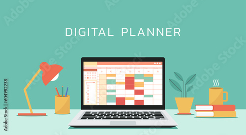 digital calendar planner on laptop screen for organization management and event appointment, vector flat illustration